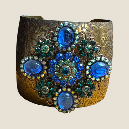 Vintage Signed Lizpaiacios San Francisco Jeweled Brass Floral Cuff – Royal Blue Glass Cabs with Green & Blue Rhinestones