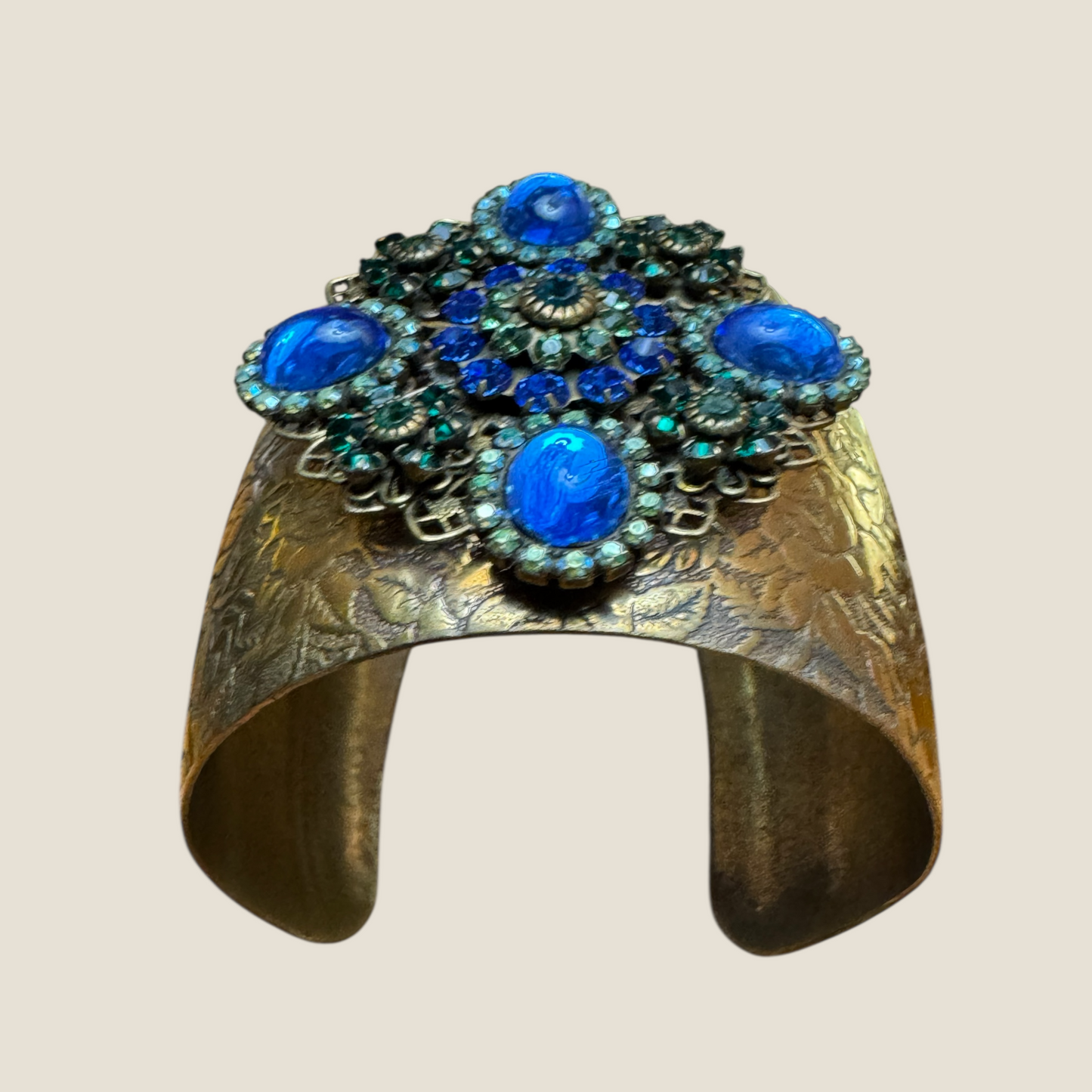 Vintage Signed Lizpaiacios San Francisco Jeweled Brass Floral Cuff – Royal Blue Glass Cabs with Green & Blue Rhinestones