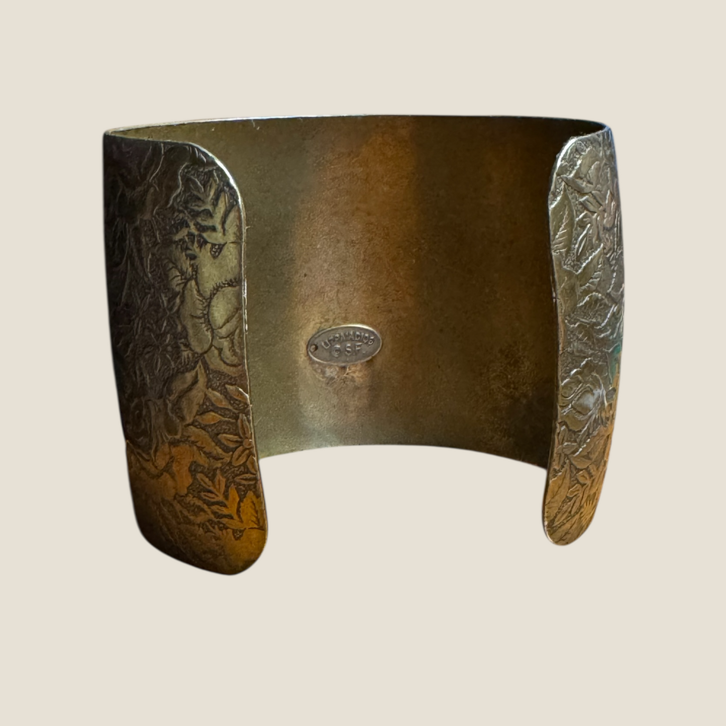 Vintage Signed Lizpaiacios San Francisco Jeweled Brass Floral Cuff – Royal Blue Glass Cabs with Green & Blue Rhinestones