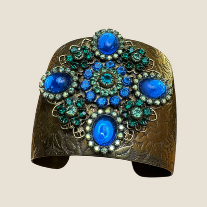 Vintage Signed Lizpaiacios San Francisco Jeweled Brass Floral Cuff – Royal Blue Glass Cabs with Green & Blue Rhinestones