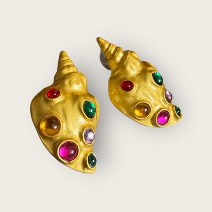 Vintage Runway-Inspired Gold-Tone Shell Statement Earrings – Multicolor Lucite Cabochons
