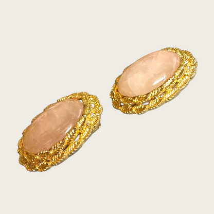 Vintage Gold-Tone Clip-On Earrings with Genuine Rose Quartz – Oval Cabochon & Twisted Rope Frame