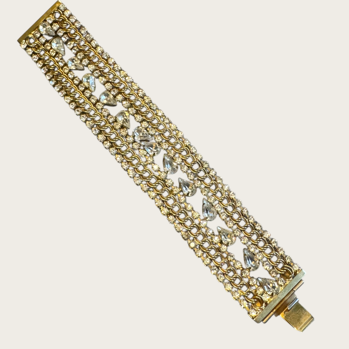 Vintage Hobé Rhinestone and Chain-Link Bracelet – Clear Crystal & Gold-Tone