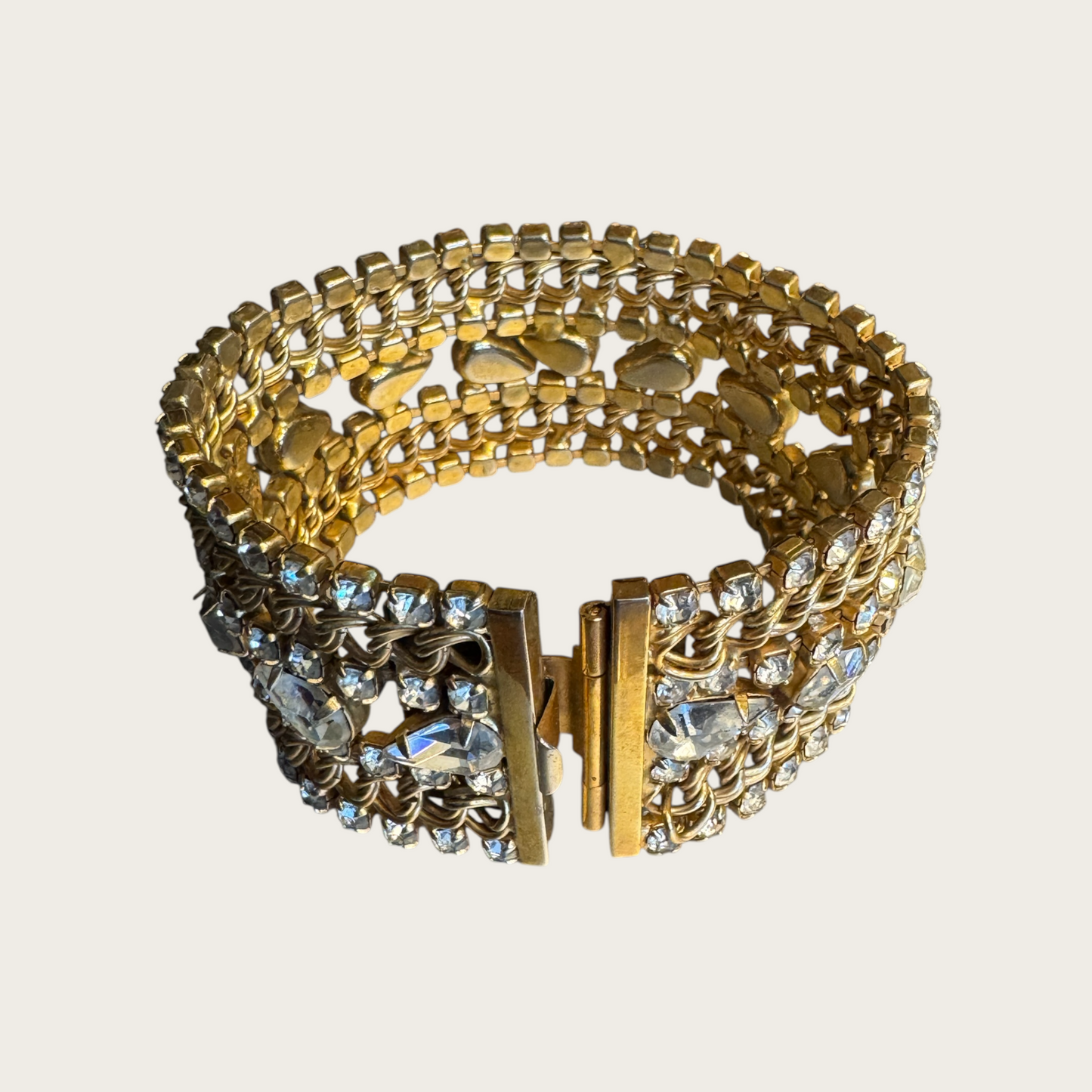 Vintage Hobé Rhinestone and Chain-Link Bracelet – Clear Crystal & Gold-Tone