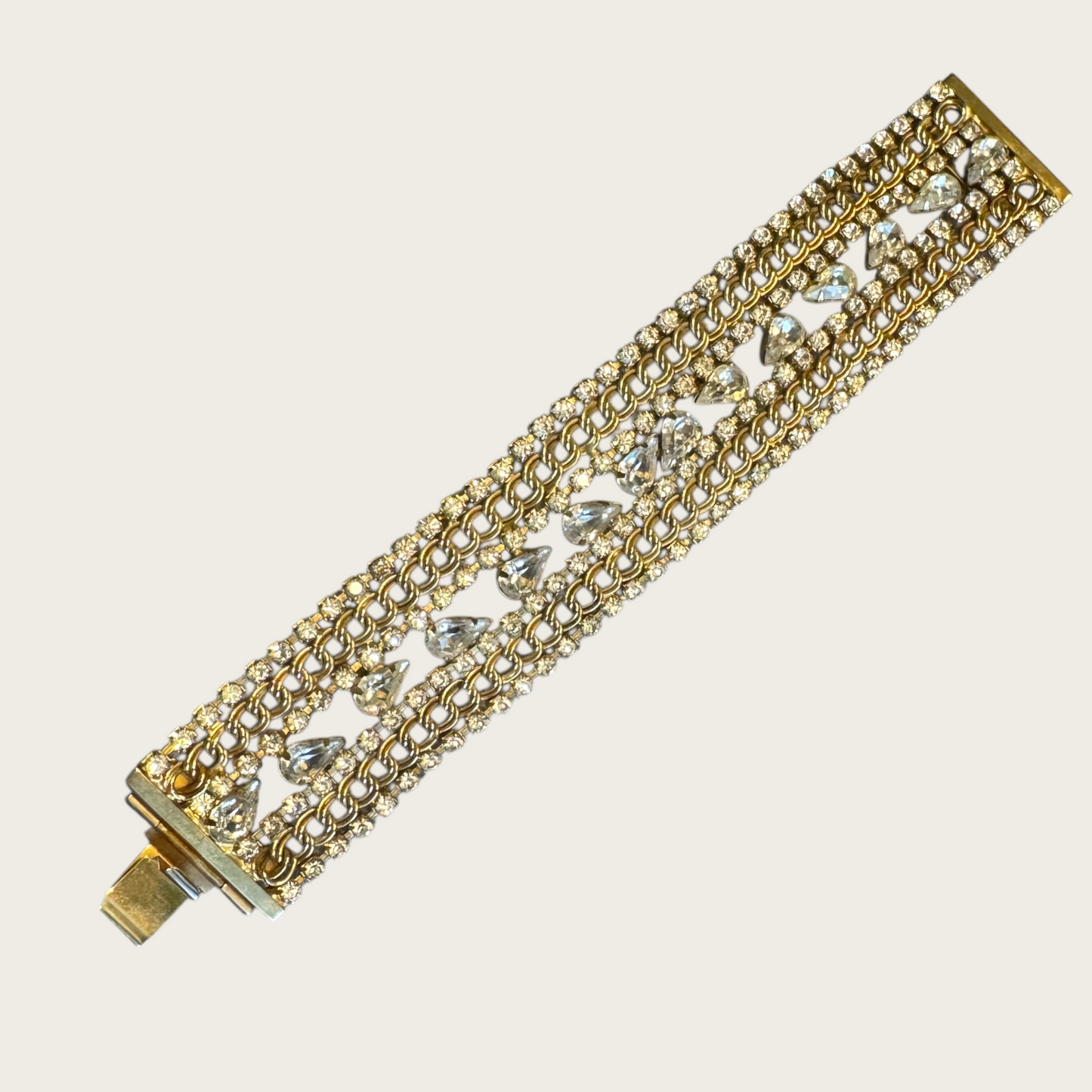 Vintage Hobé Rhinestone and Chain-Link Bracelet – Clear Crystal & Gold-Tone