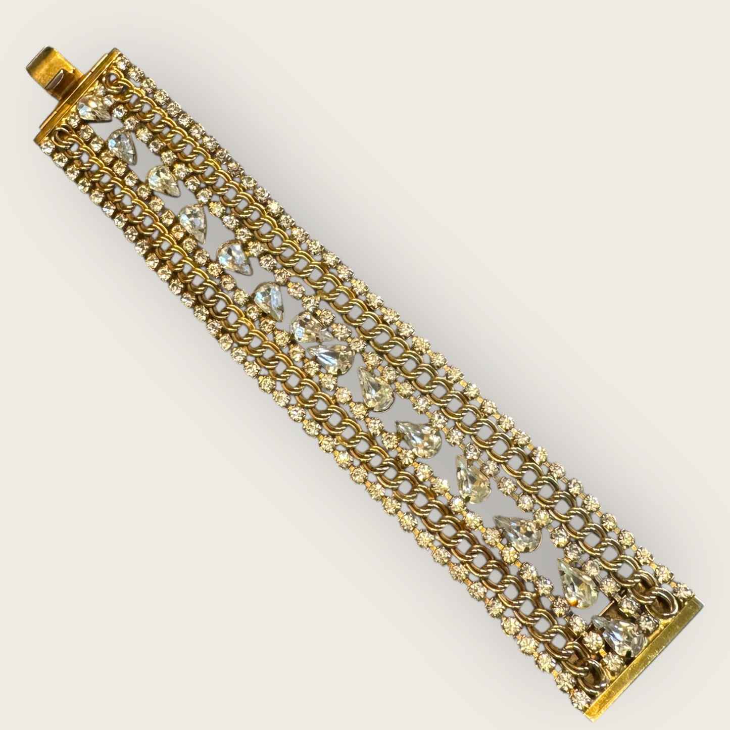 Vintage Hobé Rhinestone and Chain-Link Bracelet – Clear Crystal & Gold-Tone