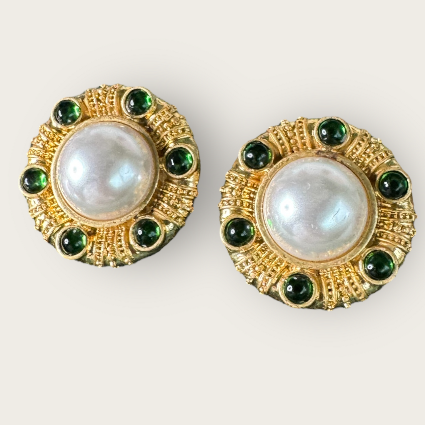 Vintage Monet Domed Faux Pearl & Green Cabochon Earrings – Gold-Tone