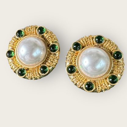 Vintage Monet Domed Faux Pearl & Green Cabochon Earrings – Gold-Tone