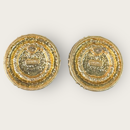 Vintage Monet Domed Faux Pearl & Green Cabochon Earrings – Gold-Tone