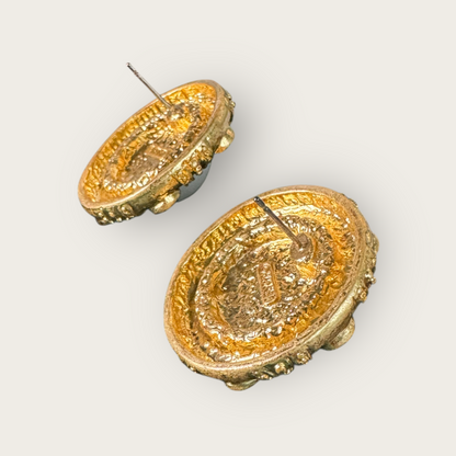 Vintage Monet Domed Faux Pearl & Green Cabochon Earrings – Gold-Tone