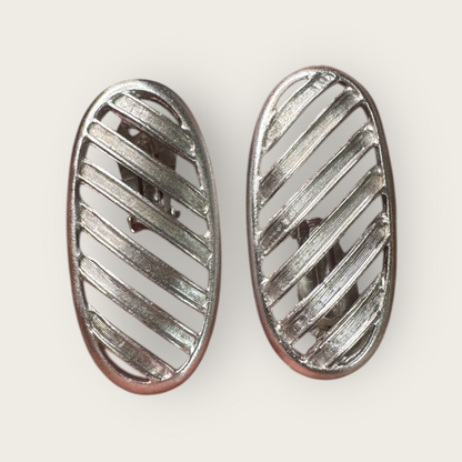 Vintage Signed JAY FEINBERG Silver-Tone Striped Elongate Clip-On Earrings