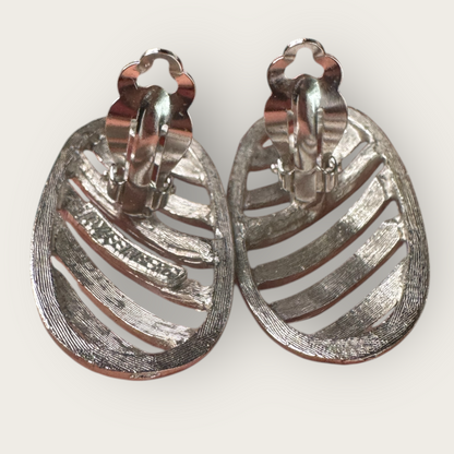 Vintage Signed JAY FEINBERG Silver-Tone Striped Elongate Clip-On Earrings