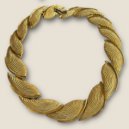 Vintage Napier Patent Pending Textured Leaf Necklace – Heavy Gold-Plated Statement Design