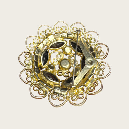 Smoky Gray & Black Rhinestone Filigree Wreath Brooch – 1960s Vintage Statement Pin
