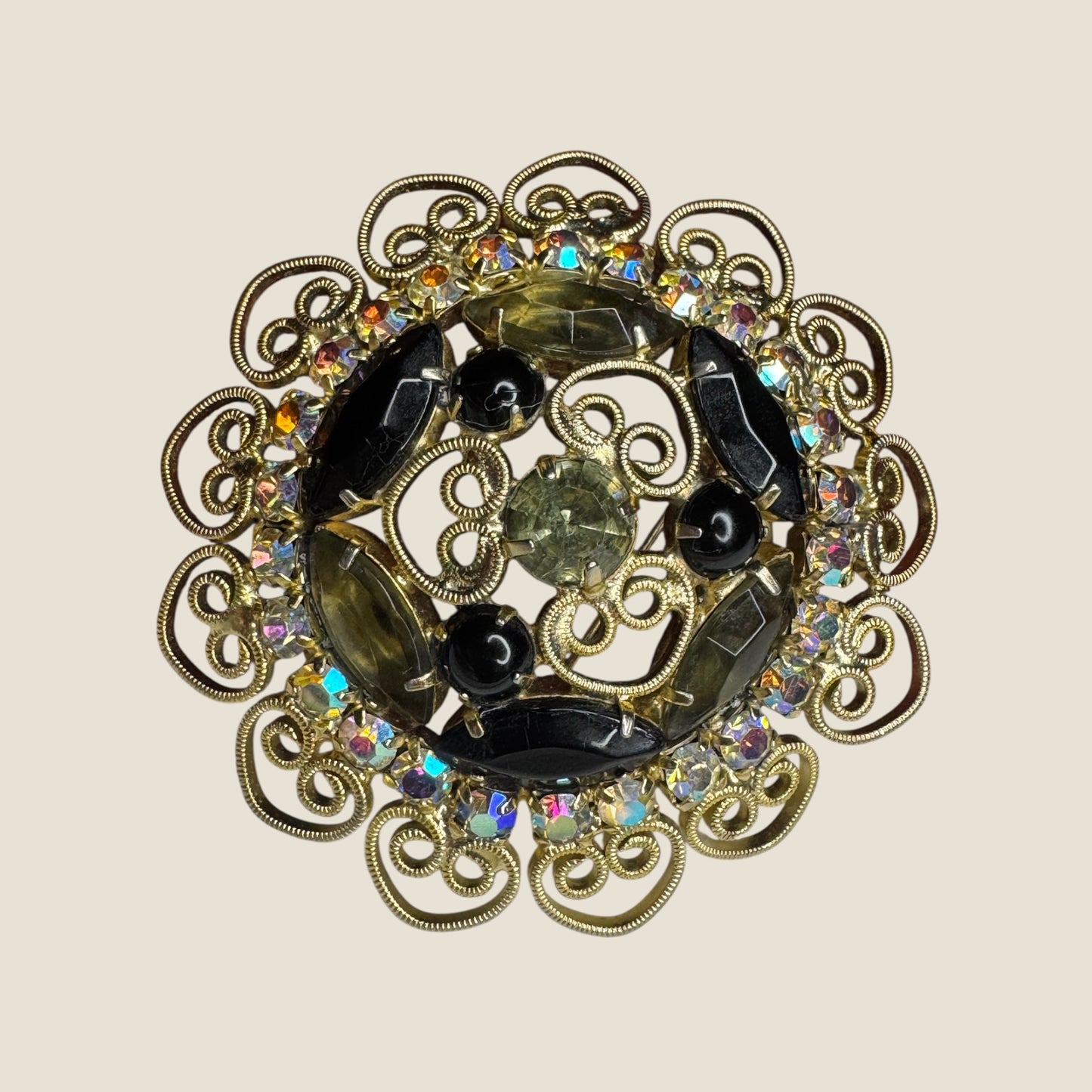 Smoky Gray & Black Rhinestone Filigree Wreath Brooch – 1960s Vintage Statement Pin