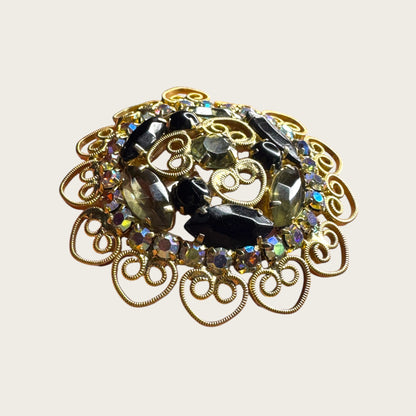 Smoky Gray & Black Rhinestone Filigree Wreath Brooch – 1960s Vintage Statement Pin