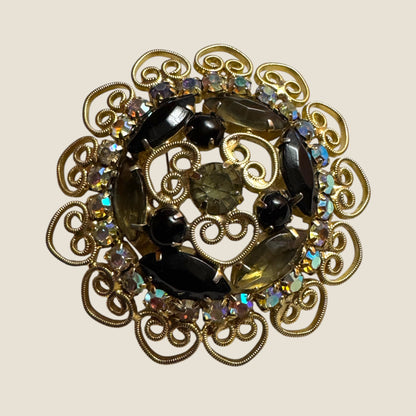 Smoky Gray & Black Rhinestone Filigree Wreath Brooch – 1960s Vintage Statement Pin