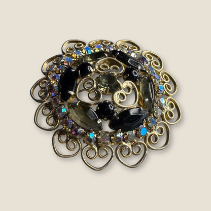 Smoky Gray & Black Rhinestone Filigree Wreath Brooch – 1960s Vintage Statement Pin