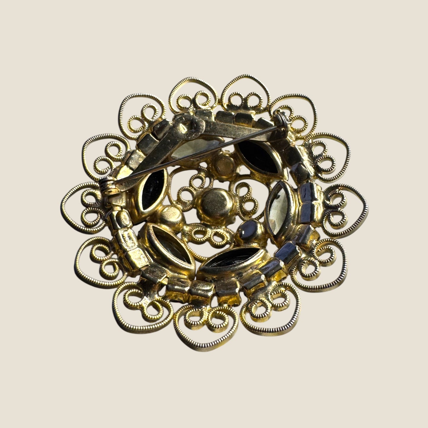 Smoky Gray & Black Rhinestone Filigree Wreath Brooch – 1960s Vintage Statement Pin