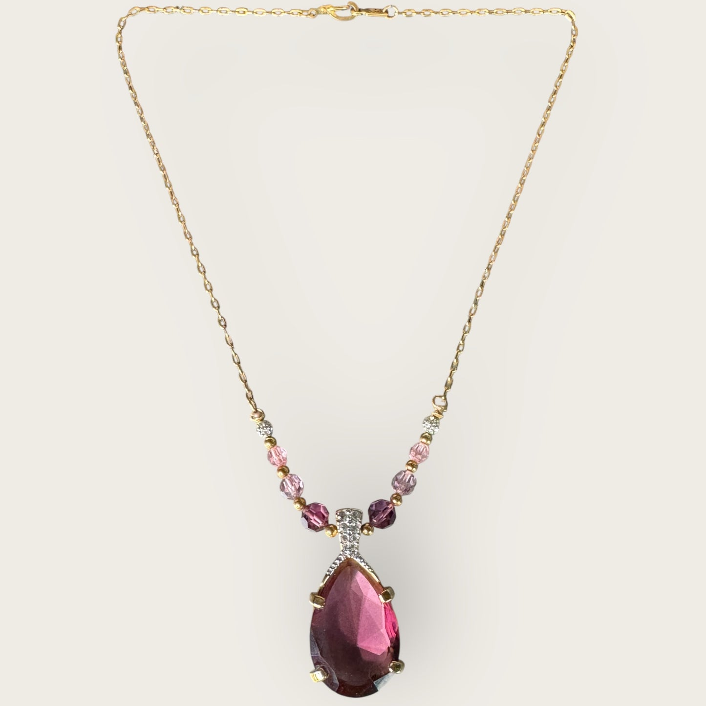 Swarovski Amethyst Crystal Pendant Necklace in Gold Tone with Lavender and Pink Beads – Signed Swan Logo