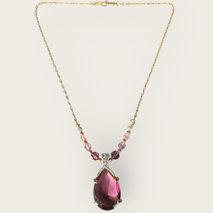 Swarovski Amethyst Crystal Pendant Necklace in Gold Tone with Lavender and Pink Beads – Signed Swan Logo