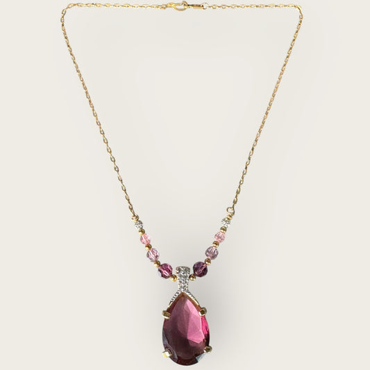 Swarovski Amethyst Crystal Pendant Necklace in Gold Tone with Lavender and Pink Beads – Signed Swan Logo