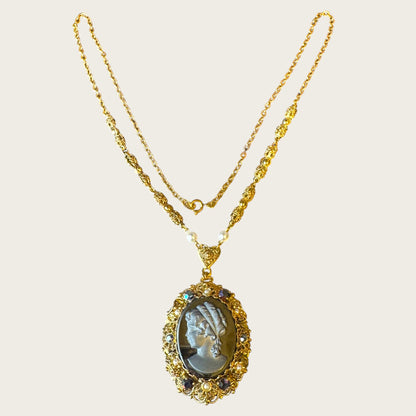 Vintage West Germany Hematite Glass Cameo Pendant Necklace – Ornate Filigree Frame with Pearls & Faceted Stones – Signed 1960s