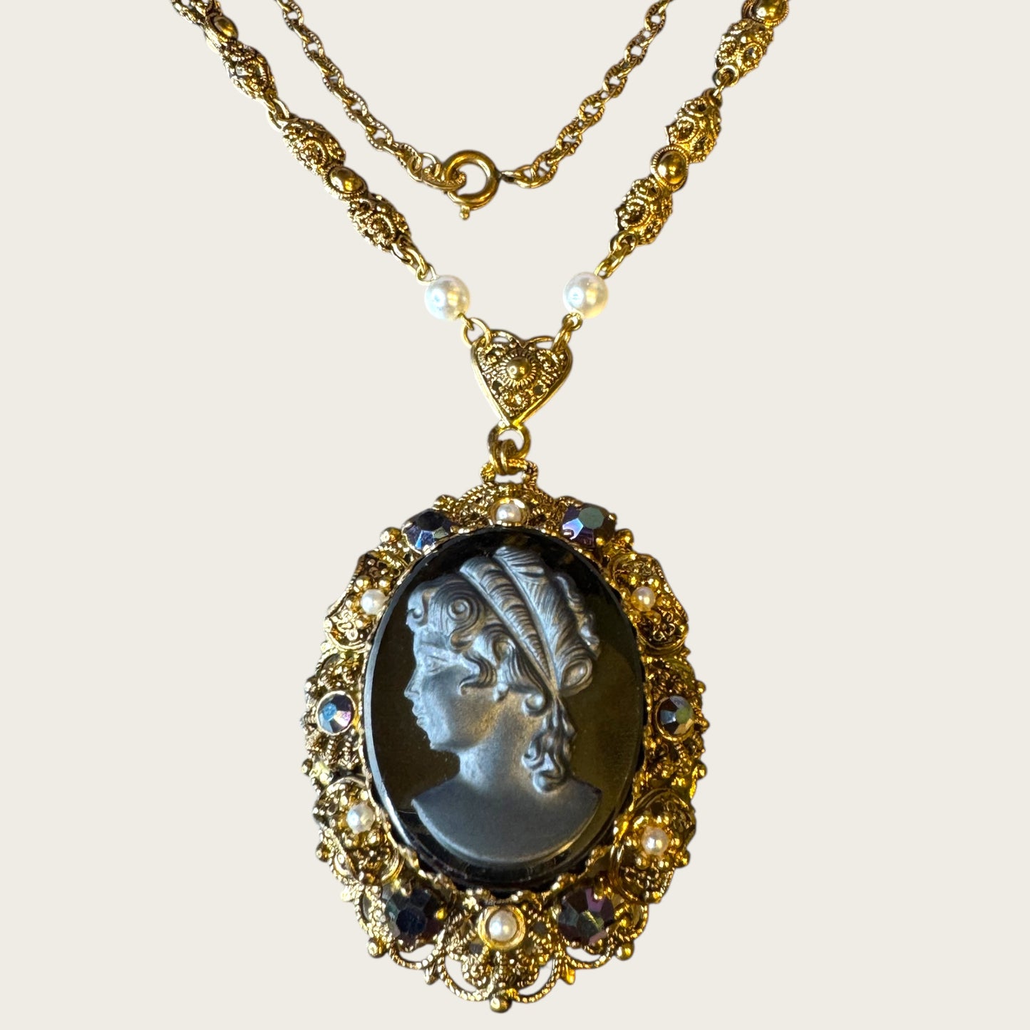 Vintage West Germany Hematite Glass Cameo Pendant Necklace – Ornate Filigree Frame with Pearls & Faceted Stones – Signed 1960s