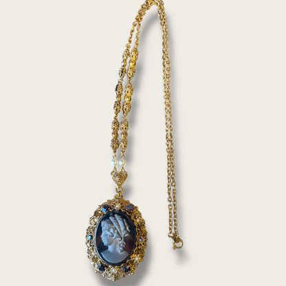 Vintage West Germany Hematite Glass Cameo Pendant Necklace – Ornate Filigree Frame with Pearls & Faceted Stones – Signed 1960s