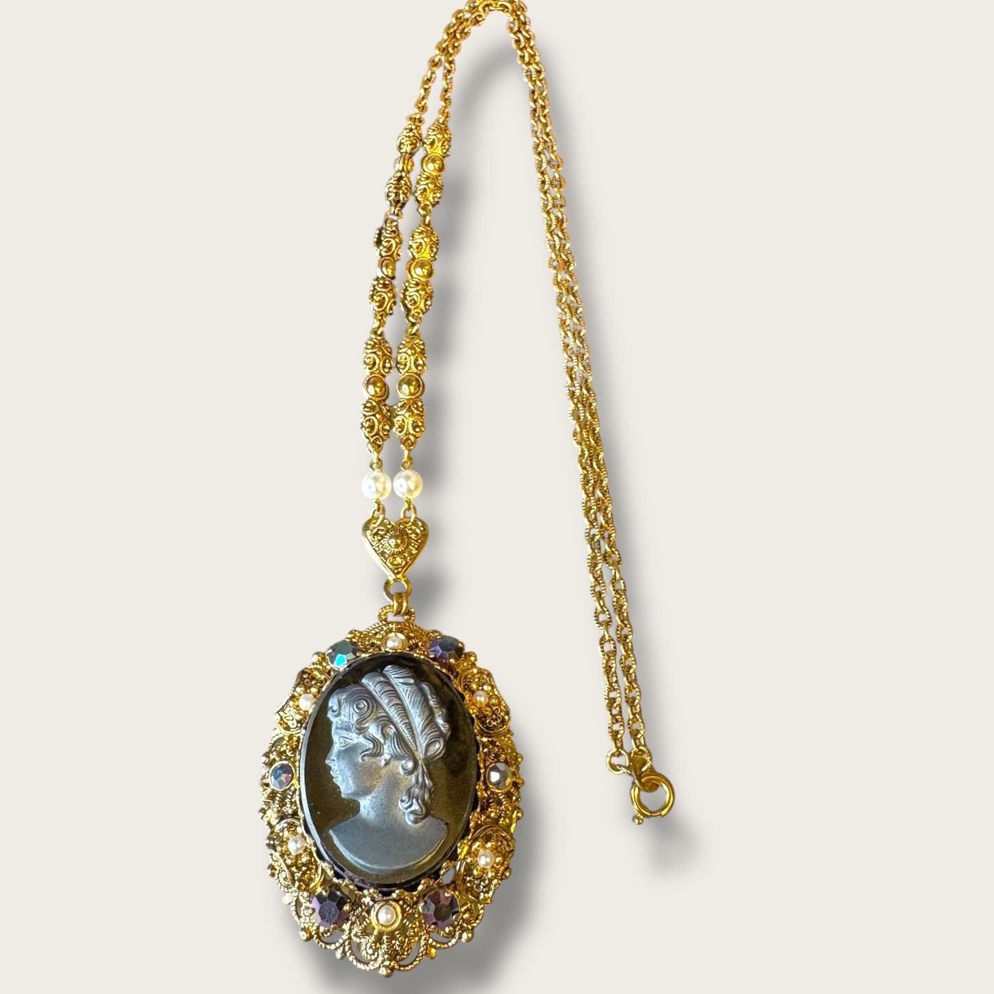 Vintage West Germany Hematite Glass Cameo Pendant Necklace – Ornate Filigree Frame with Pearls & Faceted Stones – Signed 1960s