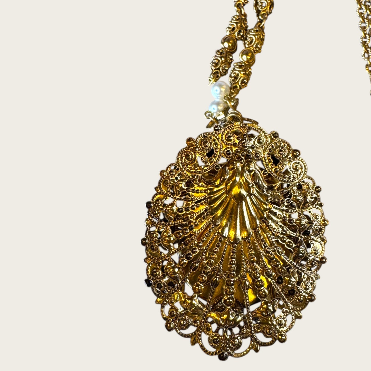 Vintage West Germany Hematite Glass Cameo Pendant Necklace – Ornate Filigree Frame with Pearls & Faceted Stones – Signed 1960s