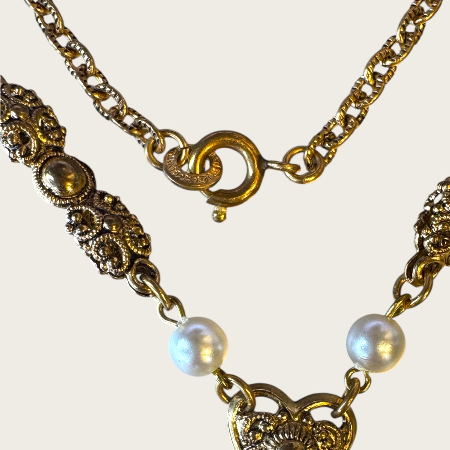 Vintage West Germany Hematite Glass Cameo Pendant Necklace – Ornate Filigree Frame with Pearls & Faceted Stones – Signed 1960s