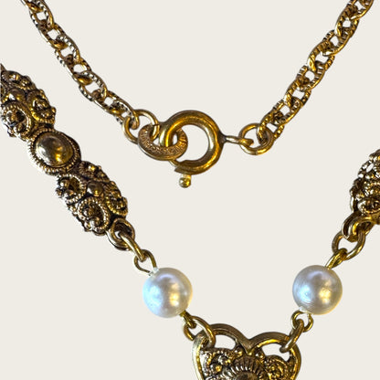 Vintage West Germany Hematite Glass Cameo Pendant Necklace – Ornate Filigree Frame with Pearls & Faceted Stones – Signed 1960s