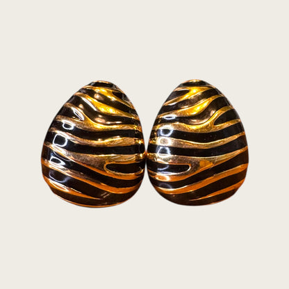 Joan Rivers Gold-Tone Zebra Stripe Clip-On Earrings – Black Enamel | 1990s Statement Couture