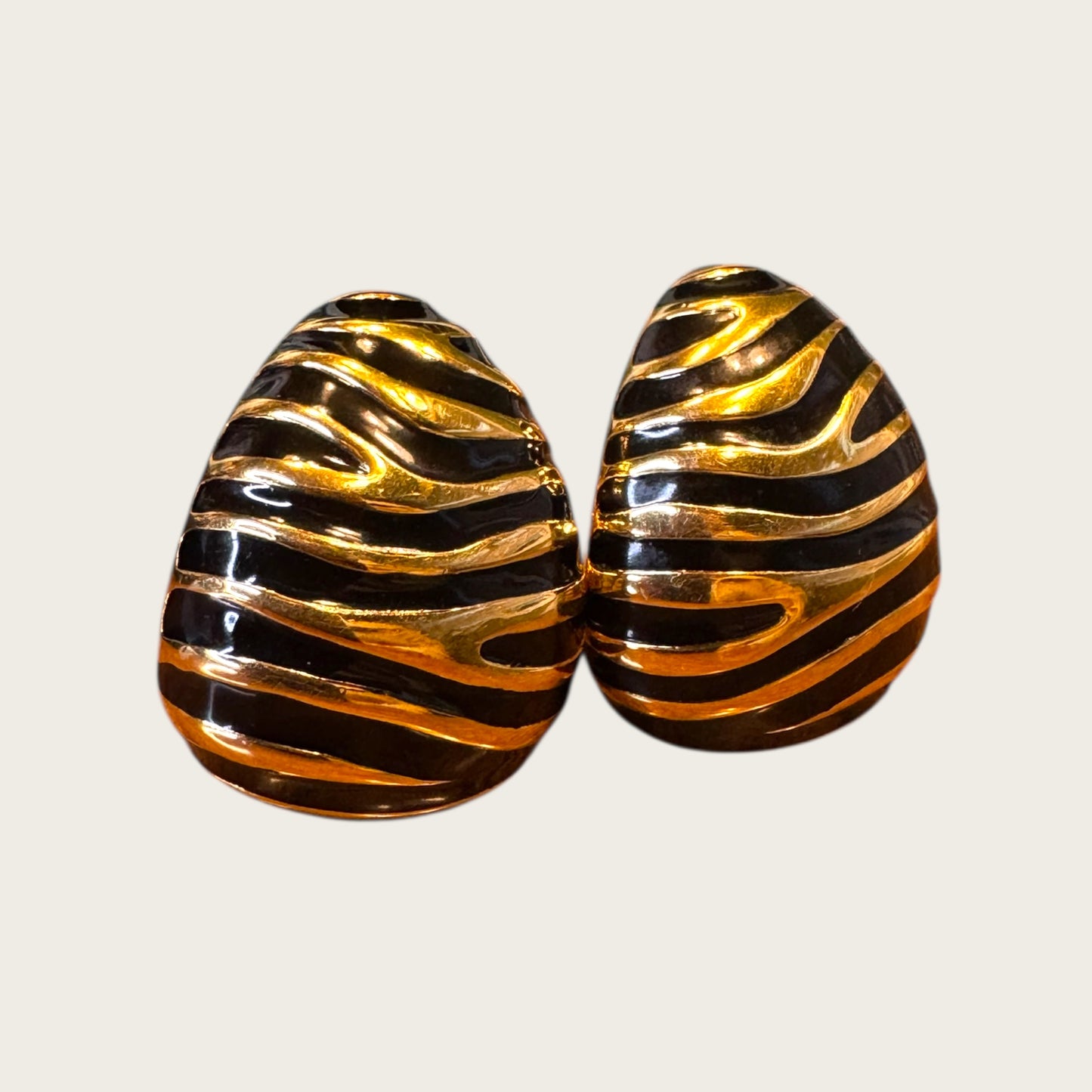 Joan Rivers Gold-Tone Zebra Stripe Clip-On Earrings – Black Enamel | 1990s Statement Couture