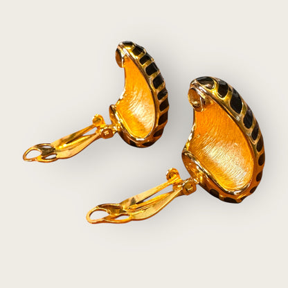 Joan Rivers Gold-Tone Zebra Stripe Clip-On Earrings – Black Enamel | 1990s Statement Couture