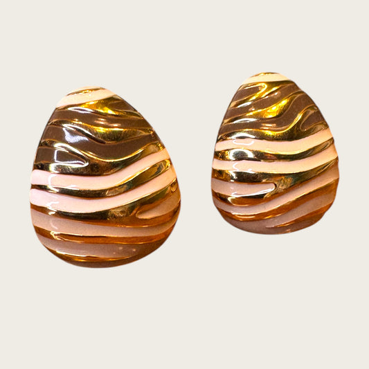 Joan Rivers Gold-Tone Zebra Stripe Clip-On Earrings – Cream & Taupe Enamel Statement Design | 1990s Vintage Couture