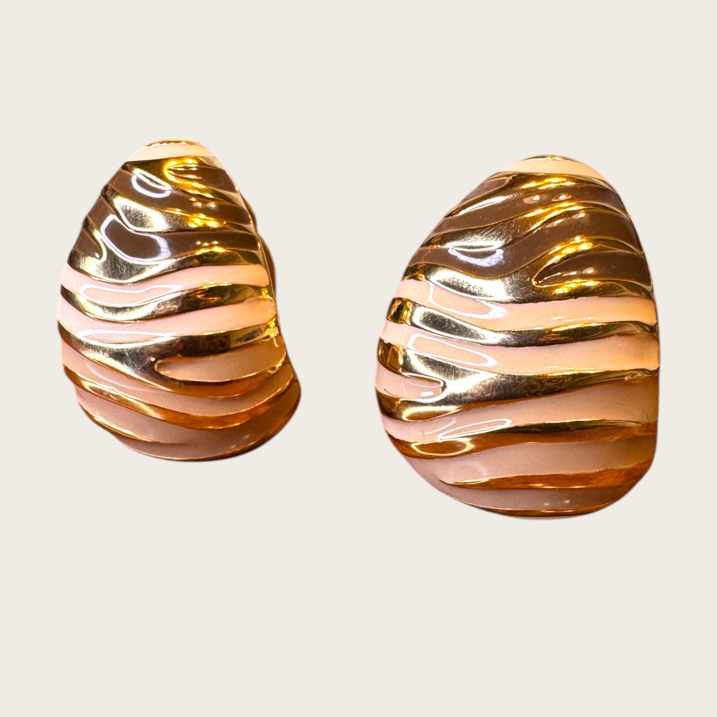 Joan Rivers Gold-Tone Zebra Stripe Clip-On Earrings – Cream & Taupe Enamel Statement Design | 1990s Vintage Couture