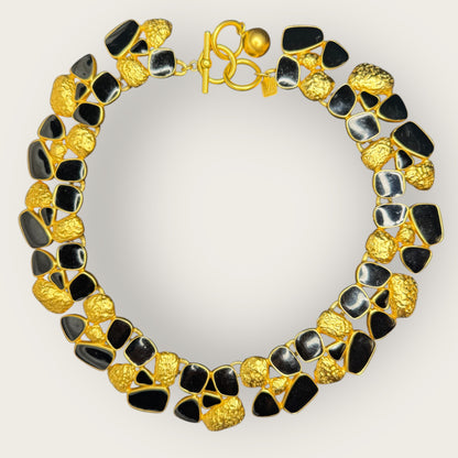 Vintage Anne Klein Black Enamel & Textured Gold Articulated Pebble-Link Collar Necklace – Runway Statement – 1990s