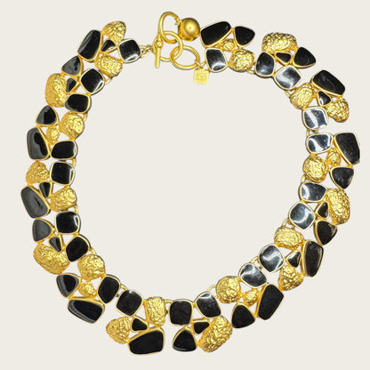 Vintage Anne Klein Black Enamel & Textured Gold Articulated Pebble-Link Collar Necklace – Runway Statement – 1990s