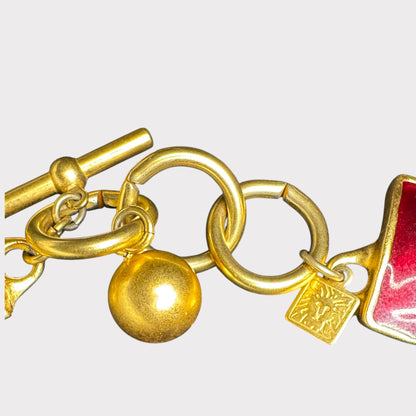 Vintage Anne Klein Articulated Enamel & Textured Gold-Tone Statement Necklace – Maroon & Deep Forest Green Bars – 1980s Runway Jewelry