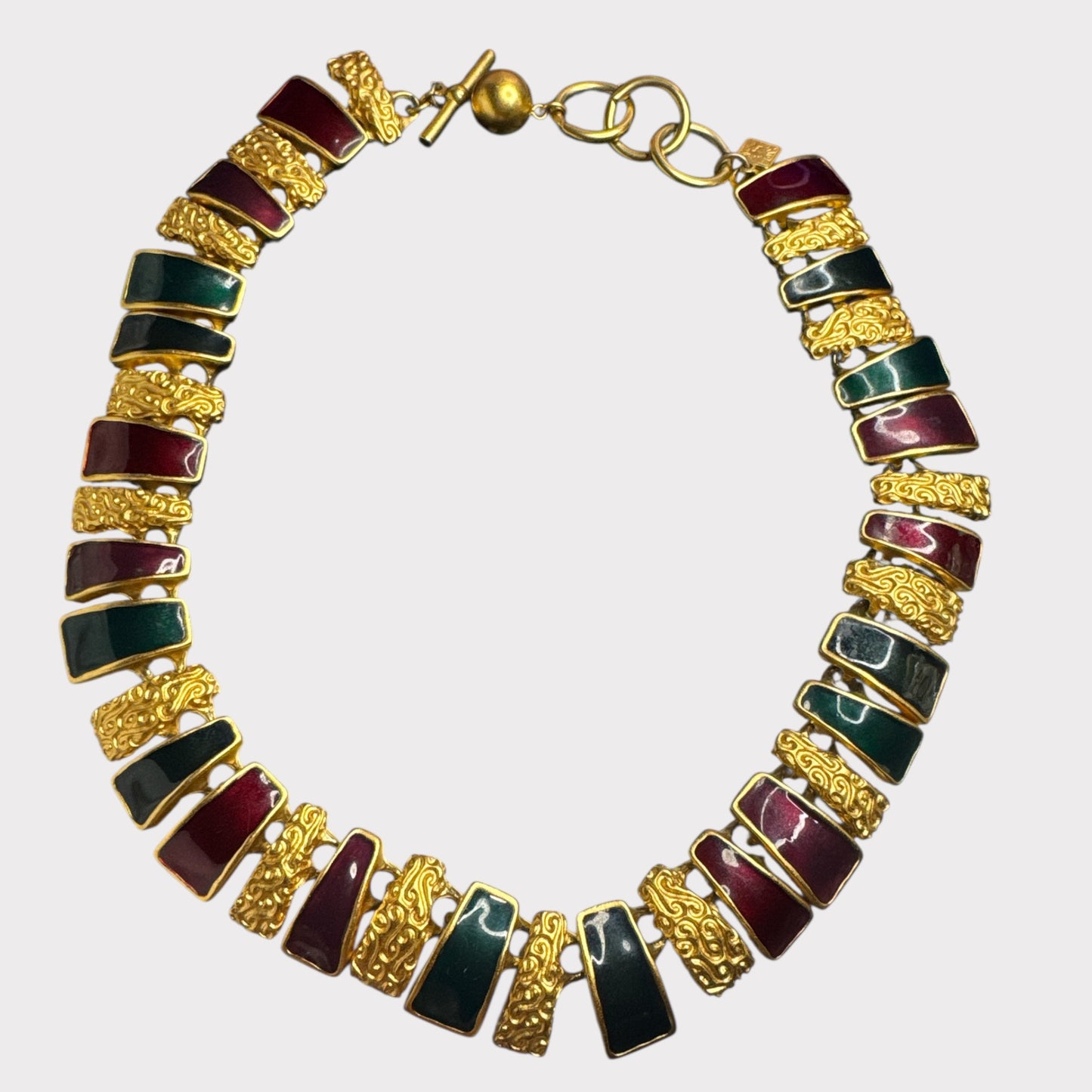 Vintage Anne Klein Articulated Enamel & Textured Gold-Tone Statement Necklace – Maroon & Deep Forest Green Bars – 1980s Runway Jewelry