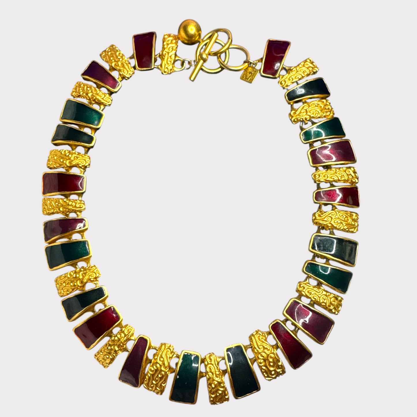 Vintage Anne Klein Articulated Enamel & Textured Gold-Tone Statement Necklace – Maroon & Deep Forest Green Bars – 1980s Runway Jewelry