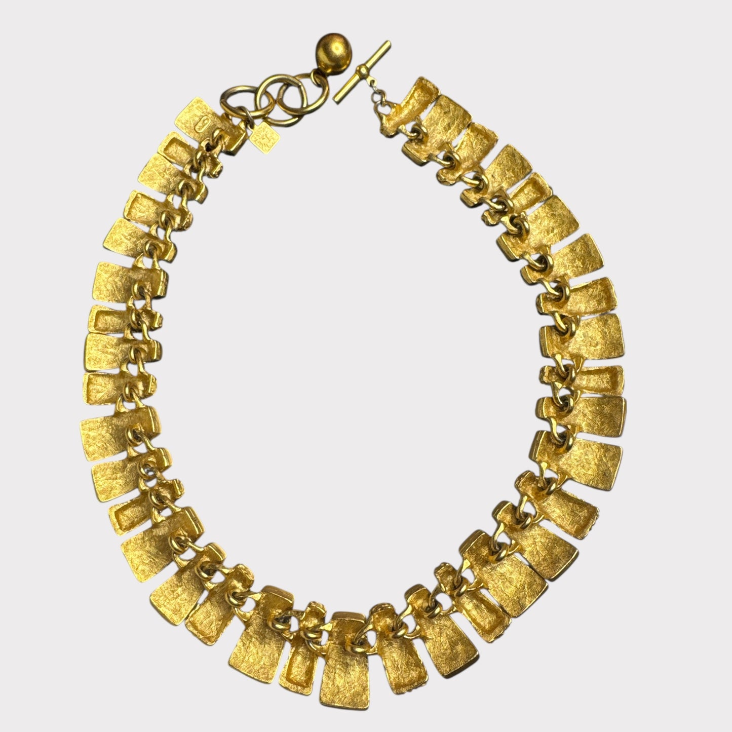 Vintage Anne Klein Articulated Enamel & Textured Gold-Tone Statement Necklace – Maroon & Deep Forest Green Bars – 1980s Runway Jewelry