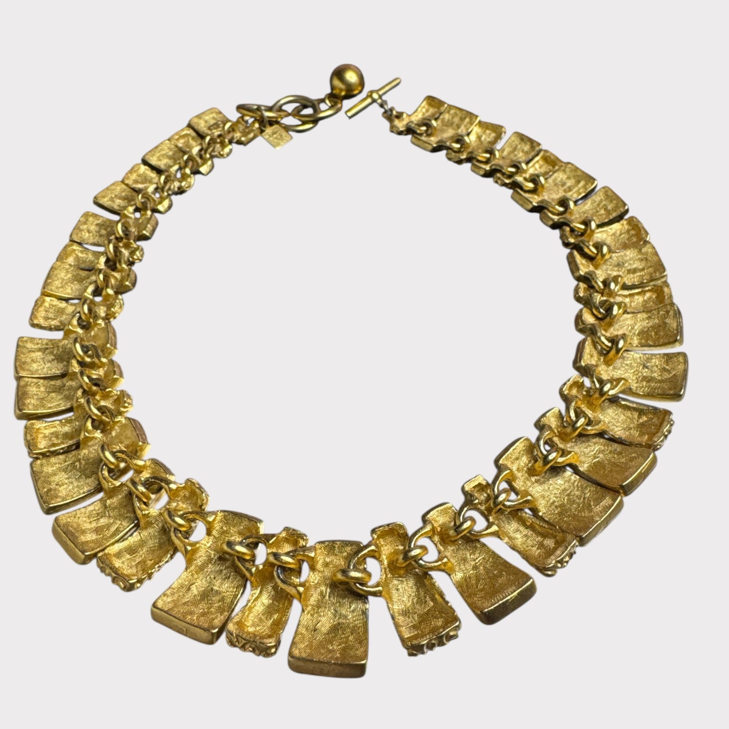 Vintage Anne Klein Articulated Enamel & Textured Gold-Tone Statement Necklace – Maroon & Deep Forest Green Bars – 1980s Runway Jewelry