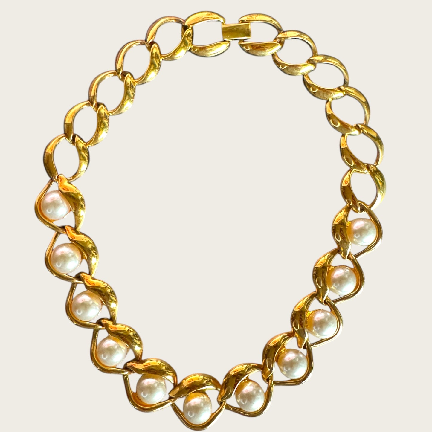 Vintage Napier Patent Pearl & Gold Link Necklace – Late 1980s Sculptural Statement Collar