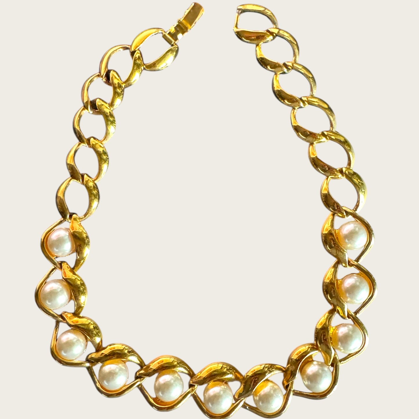 Vintage Napier Patent Pearl & Gold Link Necklace – Late 1980s Sculptural Statement Collar