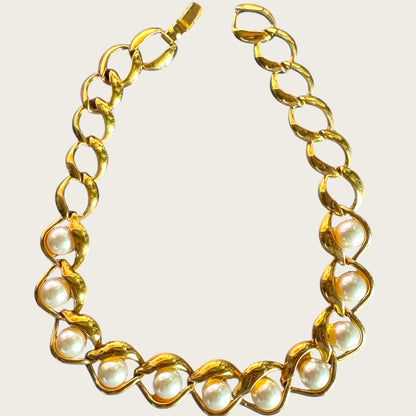 Vintage Napier Patent Pearl & Gold Link Necklace – Late 1980s Sculptural Statement Collar