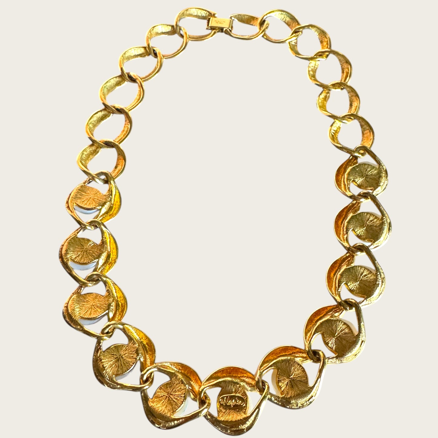 Vintage Napier Patent Pearl & Gold Link Necklace – Late 1980s Sculptural Statement Collar