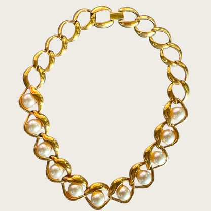 Vintage Napier Patent Pearl & Gold Link Necklace – Late 1980s Sculptural Statement Collar